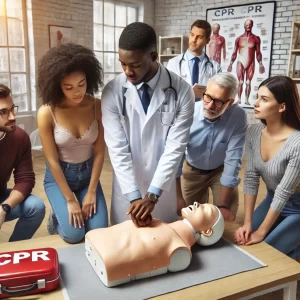 An educational CPR training session showing a diverse group of adults around a CPR manikin. An African American male instructor demonstrates chest compressions while participants, including an African American woman, a Hispanic man, and a Caucasian woman, watch attentively. The classroom setting includes medical posters on the walls and a visible CPR training kit, emphasizing a collaborative learning environment.